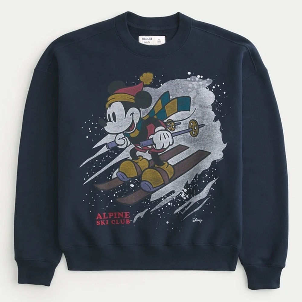 Hollister Navy Crewneck Sweatshirt with Mickey Mouse Ski Graphic